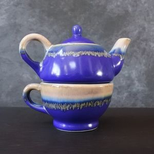 Vintage Handmade Signed Art Pottery Teapot Cup Stacking Set
